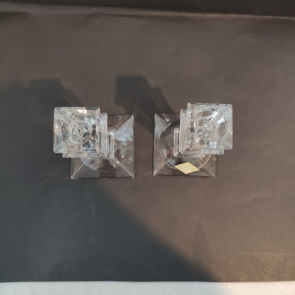 Shannon 24% Lead Crystal Candlestick Holders Square Pedestal Set of 2 Pair - Picture 4 of 7